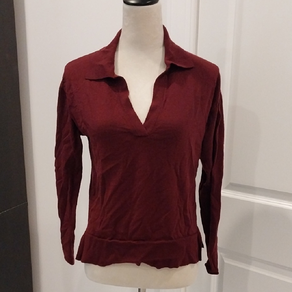 Banana Republic Burgundy Long Sleeve V-Neck Collared Top
